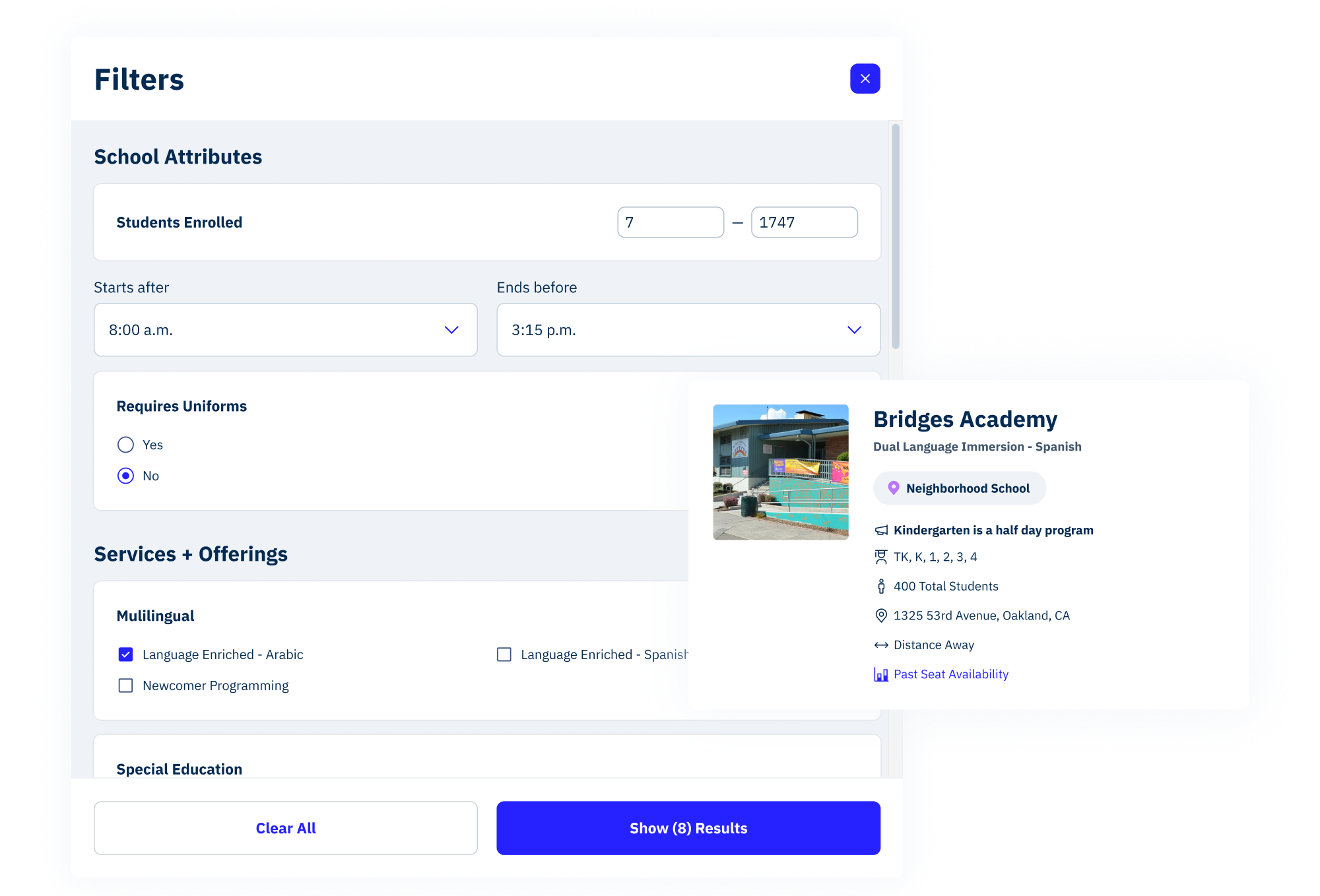 filter modal and school card